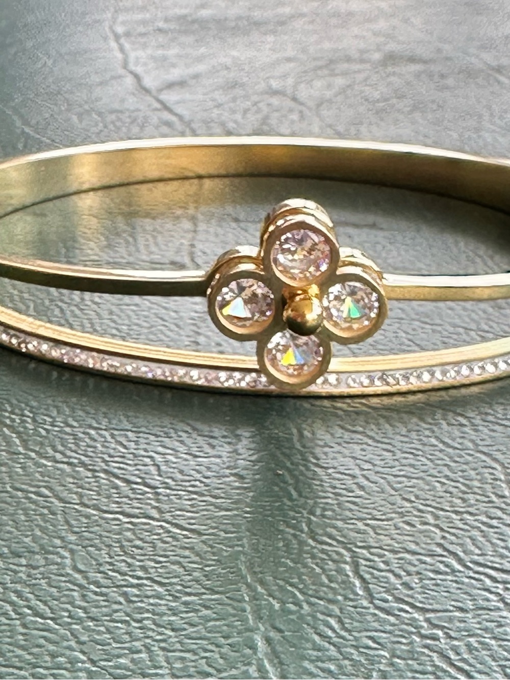 Gold Plated Stainless Steel Rhinestone Crystal Flower Bangle Bracelet